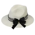Elegant ivory straw Panama hat with black lace, pearls and a large satin bow - 56-58cm / With Pearl Lace and Big Bow / Cream
