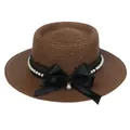 Brown flat top straw boater hat with black lace, pearls, and a silk bow for women - 56-58cm / Pearl Lace Bow Style (318Q) / Brown
