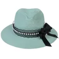 Mint green straw Panama hat with black lace, pearls and a large satin bow - 56-58cm / With Pearl Lace and Big Bow / Mint Green