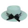Mint green boater straw hat featuring black lace, pearls, and a large satin bow - 56-58cm / Pearl Lace Bow Style (318R) / Mint Green