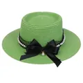 Elegant green straw boater hat with black lace ribbon and pearl chain decoration - 56-58cm / Pearl Lace Bow Style (318S) / Fruit Green