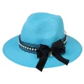 Elegant bright blue woven fedora straw hat with black lace and pearl bow accent - 56-58cm / With Pearl Lace and Big Bow / Lake Blue