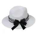 White straw Panama hat with black lace trim, pearls, and a large satin bow accent - 56-58cm / With Pearl Lace and Big Bow / White
