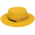 Bright yellow flat top straw hat with black band and gold feather ornament detail - 56-58cm / Metal Feather Decoration (319A) / Yellow