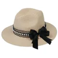 Elegant beige straw panama hat with black lace, pearls and a large satin bow accent - 56-58cm / With Pearl Lace and Big Bow / Beige