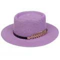 Summer boater hat in light purple straw featuring a black band and gold leaf accent - 56-58cm / Metal Feather Decoration (319B) / Purple