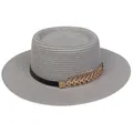 Elegant grey flat top boater hat with black band and golden leaf metal ornament - 56-58cm / Metal Feather Decoration (319C) / Gray