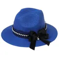 Navy blue straw panama hat featuring black lace ribbon with pearl bow and golden pendant - 56-58cm / With Pearl Lace and Big Bow / Sapphire Blue