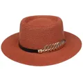Elegant terracotta woven straw hat with black band and gold leaf decoration - 56-58cm / Metal Feather Decoration (319D) / Caramel color