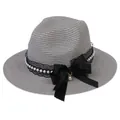 Elegant grey Panama straw hat for women with black lace trim and pearl accents - 56-58cm / With Pearl Lace and Big Bow / Gray