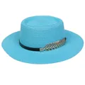 Sky blue wide brim straw hat with black leather band and golden metal buckle decoration - 56-58cm / Metal Feather Decoration (319E) / Lake Blue