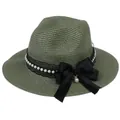Foldable Panama straw hat in olive green with black lace ribbon and pearl accents - 56-58cm / With Pearl Lace and Big Bow / Army Green