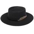 Elegant black flat-top straw hat featuring a golden leaf accent and wide brim - 56-58cm / Metal Feather Decoration (319F) / Black
