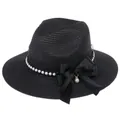 Elegant black straw Panama hat for women with white pearl band and large silk bow - 56-58cm / With Pearl Lace and Big Bow / Black
