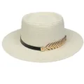 Women summer straw hat in beige with black leather band and golden leaf decor - 56-58cm / Metal Feather Decoration (319G) / Cream