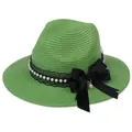 Green Panama straw hat with black bow and white pearls for beach sun protection - 56-58cm / With Pearl Lace and Big Bow / Green