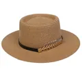 Women's summer straw sun hat in khaki with black band and gold leaf buckle detail - 56-58cm / Metal Feather Decoration (319H) / Khaki