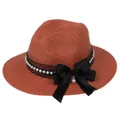 Foldable panama straw hat in dark orange with black lace, pearls and a large bow - 56-58cm / With Pearl Lace and Big Bow / Caramel color