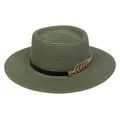 Olive green boater hat with black ribbon and golden leaf metal accents for summer - 56-58cm / Metal Feather Decoration (319I) / Green