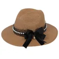 Brown straw sun hat with black lace ribbon and elegant white pearls for women - 56-58cm / With Pearl Lace and Big Bow / Khaki