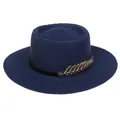 Navy blue flat top woven straw hat with black ribbon and golden wheat accessory - 56-58cm / Metal Feather Decoration (319J) / Navy Blue