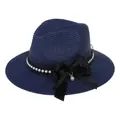 Navy blue straw sun hat with black lace, pearl beads and a large satin bow decoration - 56-58cm / With Pearl Lace and Big Bow / Navy Blue