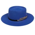 Blue woven boater hat with black ribbon and golden leaf accessory detail - 56-58cm / Metal Feather Decoration (319K) / Blue