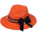 Elegant bright orange woven Panama straw hat with black bow and pearl details - 56-58cm / With Pearl Lace and Big Bow / Orange