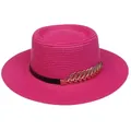 Vibrant bright pink straw boater hat with black band and gold leaf decoration - 56-58cm / Metal Feather Decoration (319L) / Rose Red