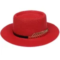 Elegant red boater straw hat with black band and gold leaf charm for summer beach - 56-58cm / Metal Feather Decoration (319M) / Red