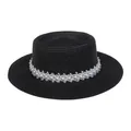 Eleganter schwarzer Strohhut mit weißem Spitzenband und Perlenbesatz für Damen - Einheitsgröße(56-58cm) / Perlen-Spitzenband (314F-Schwarz)