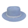 Hellblauer flacher Strohhut mit eleganten weißen Spitzenblumen und Perlenverzierung - Einheitsgröße(56-58cm) / Perlen-Spitzenband (314N-Himmelblau)