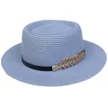 Light blue flat top boater straw hat with black band and golden feather ornament - 56-58cm / Metal Feather Decoration (319N) / Sky Blue