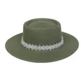 Strohhut in Olivgrün mit weißer Spitze und Perlenbesatz für Damen als Sonnenschutz - Einheitsgröße(56-58cm) / Perlen-Spitzenband (314I-Grün)