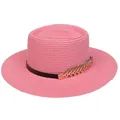 Bright pink straw boater hat with black ribbon and golden leaf metal ornament - 56-58cm / Metal Feather Decoration (319O) / Dusty Pink
