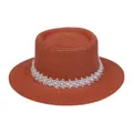 Orange-roter Strohhut mit weißer Spitze und Perlen für sommerlichen Sonnenschutz - Einheitsgröße(56-58cm) / Perlen-Spitzenband (314D-Karamell)