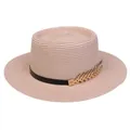 French style light pink boater straw hat with black ribbon and gold leaf decoration - 56-58cm / Metal Feather Decoration (319P) / Light Pink