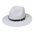 Classic white woven Panama hat with a black leather band and silver metal buckle accent - Black Leather Band With Silver Buckle / 347-G White