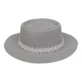 Eleganter grauer flacher Strohhut mit weißem Spitzenbesatz und Perlenverzierung - Einheitsgröße(56-58cm) / Perlen-Spitzenband (314C-Grau)