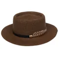 Dark brown straw boater hat with black leather band and golden leaf ornament - 56-58cm / Metal Feather Decoration (319Q) / Brown