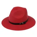 Red straw Fedora Panama hat featuring a black leather band with a silver metal buckle - Black Leather Band With Silver Buckle / 347-H Red