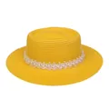 Gelber Strohhut im Boater-Stil mit eleganter weißer Spitze und Perlenbesatz - Einheitsgröße(56-58cm) / Perlen-Spitzenband (314A-Gelb)