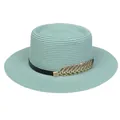 Chic mint green woven straw boater hat for women with elegant black band and golden leaf - 56-58cm / Metal Feather Decoration (319R) / Mint Green