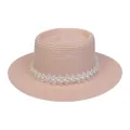 Rosa Strohhut für Damen mit weißer Spitze und eleganten Perlenverzierungen im Sommer - Einheitsgröße(56-58cm) / Perlen-Spitzenband (314P-Hellrosa)