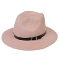 Chapeau Panama tissé rose clair pour femme avec bande en cuir noir et boucle argentée - 56-58cm / Bande de Cuir Noir Avec Boucle Argent / Rose chair