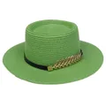 Vibrant green boater straw hat featuring a black band and a golden leaf metal accent - 56-58cm / Metal Feather Decoration (319S) / Fruit Green
