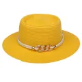 Bright yellow straw hat with flat top and gold intertwined chain decorative buckle - 56-58cm / Chain Buckle Decoration (320A) / Yellow