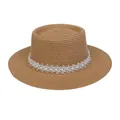 Eleganter Naturstrohhut für Damen mit weißem Spitzenbesatz und Perlenverzierung - Einheitsgröße(56-58cm) / Perlen-Spitzenband (314H-Khaki)
