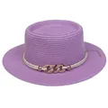 Purple flat top straw sun hat with white braided rope and rose gold chain detail - 56-58cm / Chain Buckle Decoration (320B) / Purple