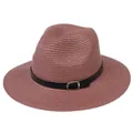 Chapeau de paille Panama rose poudré avec bande en similicuir noir et boucle argentée - 56-58cm / Bande de Cuir Noir Avec Boucle Argent / Rose Poudré